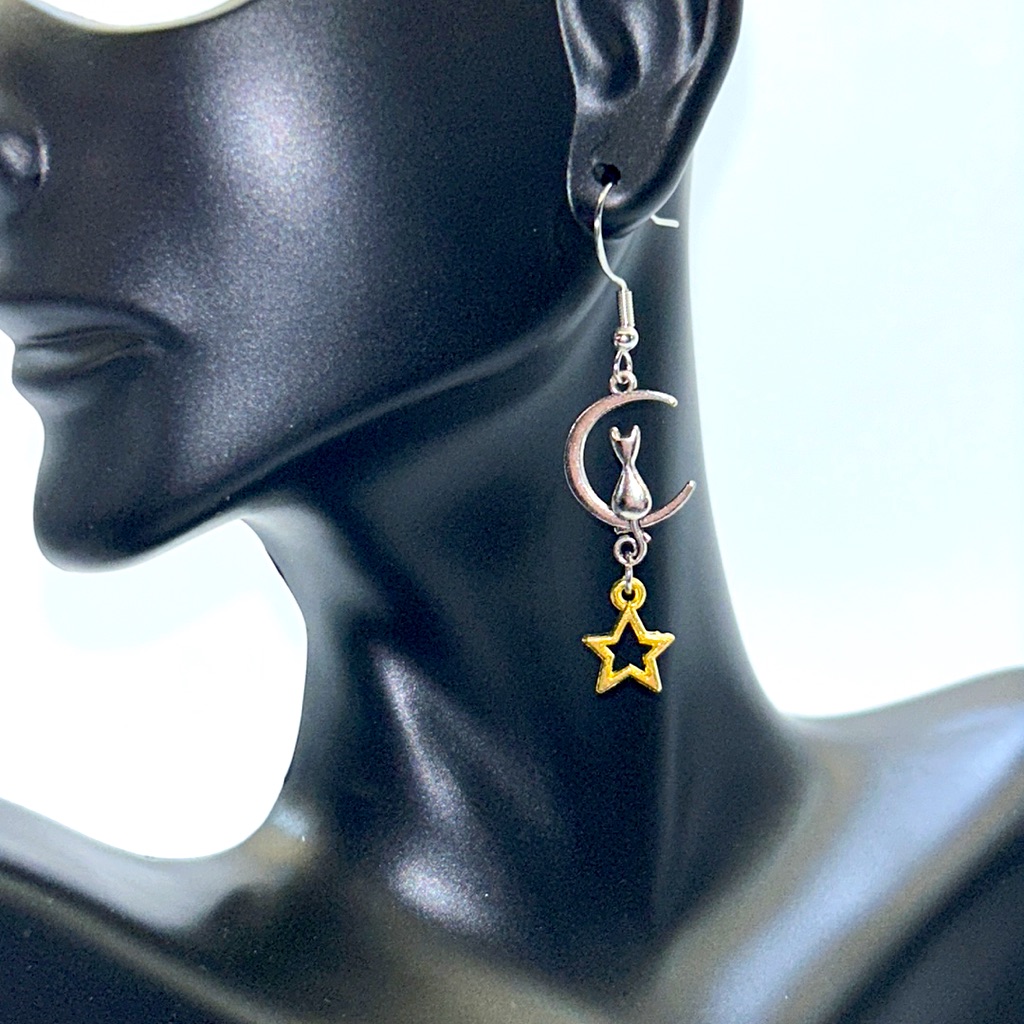 Handmade Sterling Silver Cat In Crescent Moon Earrings!